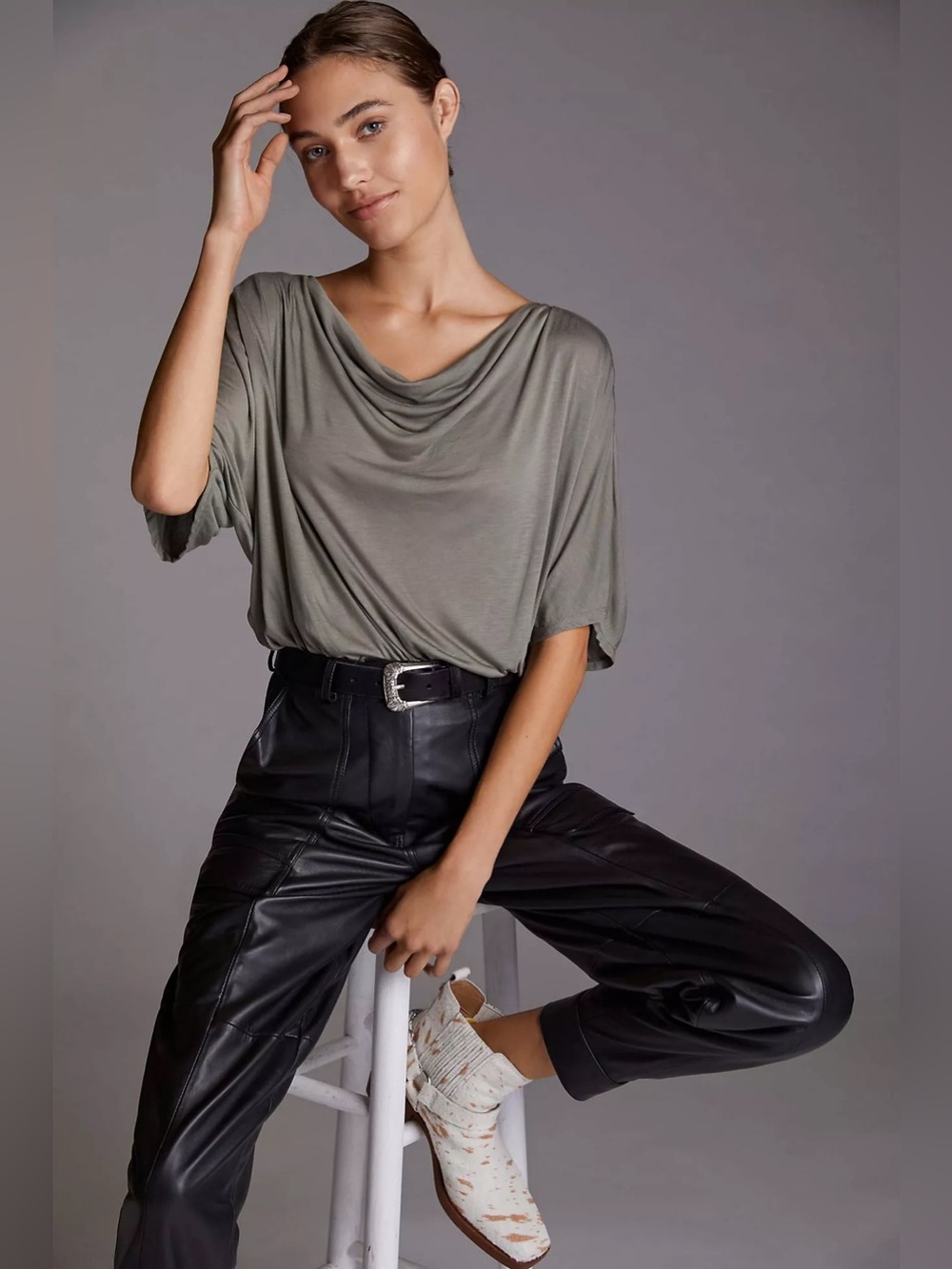 Draped Scoop-Neck Bodysuit in Olive